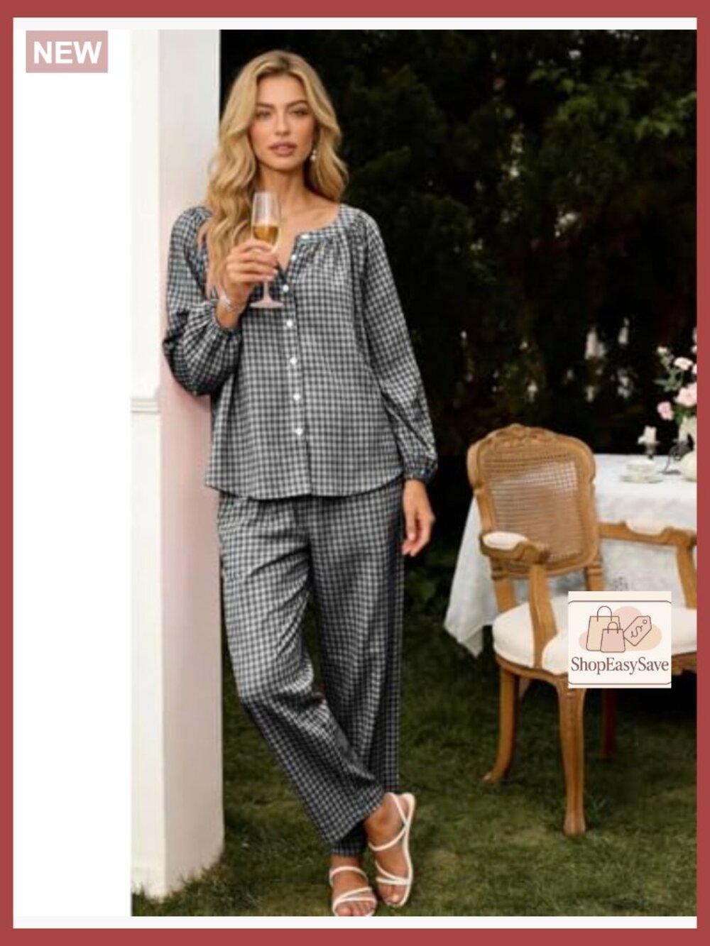 Gingham Pajama Set 2 Piece Cotton Plaid Raglan Sleeve Button Top Straight Leg - Picture 4 of 7